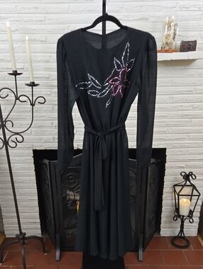 1980's Black Long-Sleeve Dress with Pink Sequin Floral Detail Size Sm/Med